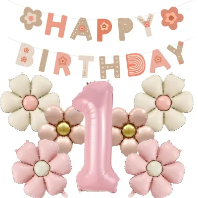 Productafbeelding van Verjaardagsdecoratie voor meisjes met madeliefjesballonnen en banner