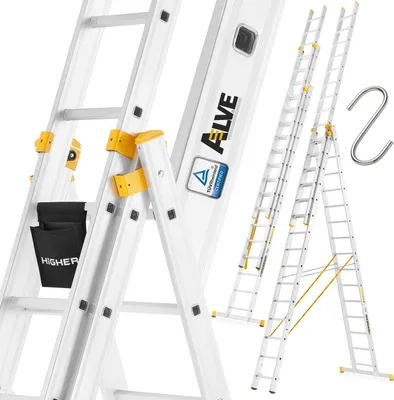 A close-up view of an aluminum ladder, with other ladders and a hook in the background.