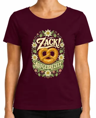 Produktbild von Zack! Aufgebrezelt Brezel Edelweiß Tracht Trachtenshirt Lederhose Damen T-Shirt, Burgundy, L