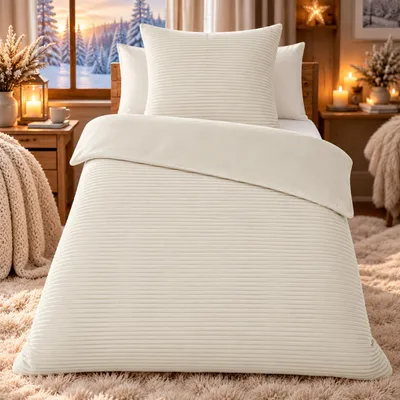 Produktbild von Bettwäsche Winter Flausch Cashmere Touch Uni Wende warm 2 teilig 135x200 mit RV Farbe CORD / ECRU, KI-generiertes Bild