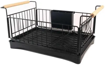 Imagen del producto de Ibenzoa® Escurreplatos de acero inoxidable, color , para hasta 10 platos, con mangos de madera, bandeja de goteo con desagüe y cesto colgable para cubiertos (3 compartimentos)