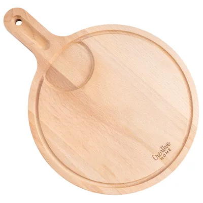 Obrázok produktu pre Creative Home Okrúhly Podnos na Pizzu Drevená Doska na Krájanie | 40 x 30 x 1,5 cm | s Rukoväťou, Drážkou na šťavu, Miskou na Dip | Drevená Doska na Chlieb, Mäso, Zeleninu
