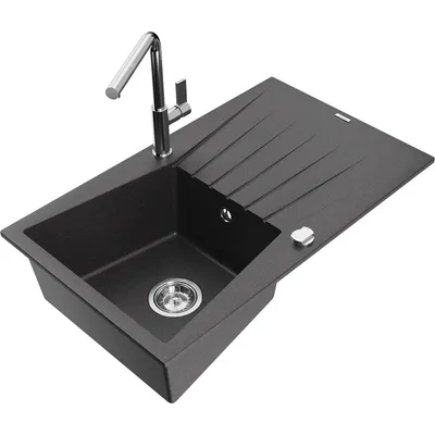 Obrázek produktu pro Mexen Cesar 1-miskový granitový dřez s odkapávačem a kuchyňskou baterií Flora, Skvrnitá černá - 6514-76-670401-00