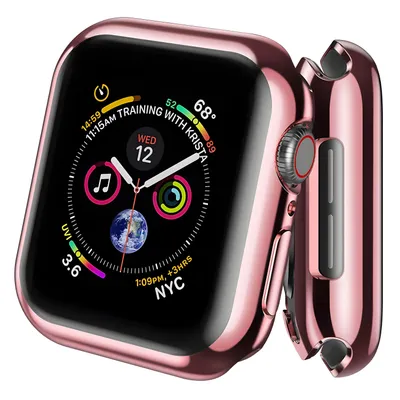 A rose gold Apple Watch case is shown with its screen displaying watch faces and information.