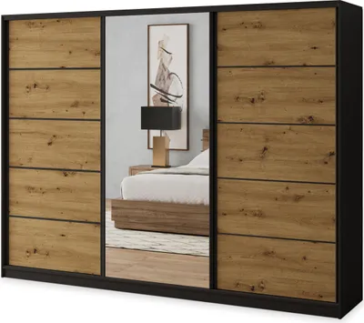 Produktbild von Masseno Schiebetürenschrank NATA 250/205/58 cm Kleiderschrank mit 4 Schubladen Schlafzimmer Schrank 3-türig mit Spiegel Schwarz / Eiche Artisan