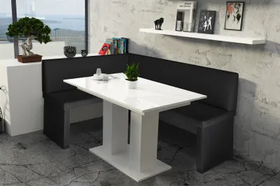 Produktbild von Eckbankgruppe 168x128 cm ROBIN R Schwarz / Esstisch DANTE Weiss HGL