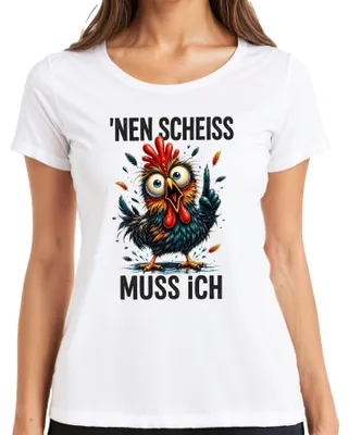 Productafbeelding van "Grappig shirt met de tekst 'Lustig Huhn Hahn Verrückt', voor dames, wit, maat M."
