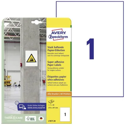 Produktbild von AVERY Zweckform L7877-20 Stark haftende Etiketten (20 Aufkleber, 210x297mm auf A