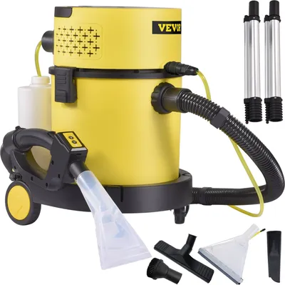 A yellow wet/dry vacuum cleaner with various attachments is displayed on a white background.