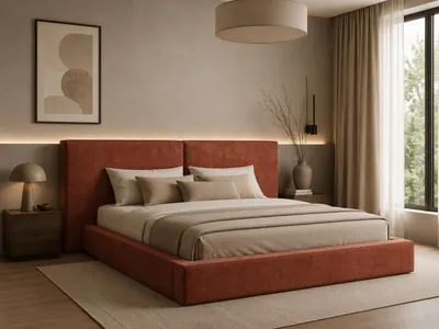 Produktbild von MOEBLO Polsterbett Bett 06 – Doppelbett mit gepolstertem Kopfteil, Bettkasten, Lattenrost und Gasfedermechanismus - 140x200 - Orange (Tresor 56)
