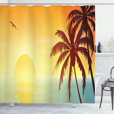 Produktbild von ABAKUHAUS Palme Duschvorhang, Tropischer Sonnenuntergang mit Reflexion auf Wasser und Tropic Baum-Schatten Ombre Effect Sky, 175 x 180 cm, Mehrfarbig