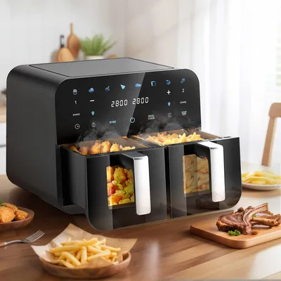 Image de Friteuse à air - Friteuse à air à convection - Double friteuse à air - Friteuse à air avec fenêtre - Friteuse à air XXL - Capacité de 10 litres