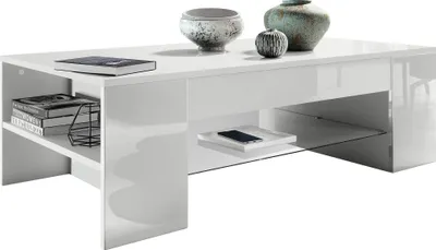 Produktbild von Vladon Couchtisch Clip,  Germany, Wohnzimmertisch mit 2 Seitenfächern und 1 Glasplatte, Weiß matt/Weiß Hochglanz (118 x 37 x 60 cm)