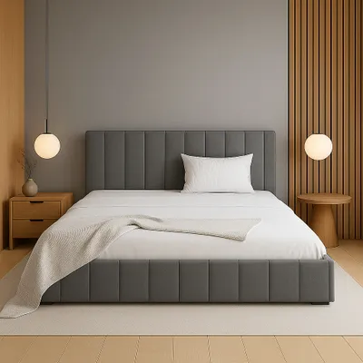 A modern bedroom with a bed, nightstands, and lighting.