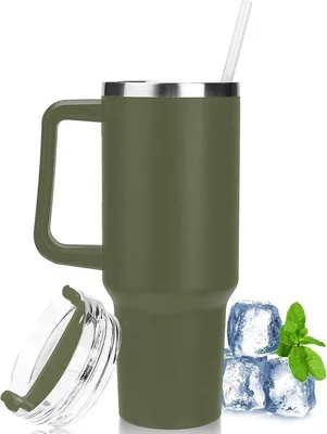 Immagine prodotto di Tazza termica da 1180 ml con cannuccia e manico, ideale per il viaggio, con coperchio, in acciaio inossidabile a doppia parete con isolamento sottovuoto, adatta per bevande calde e fredde