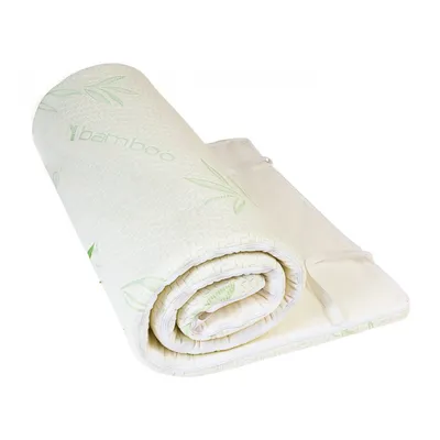 A rolled-up mattress topper with bamboo leaf patterns.
