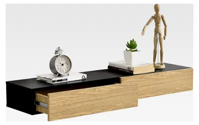 Produktbild von 2er Set Wandregal mit Schublade Schwarz/Holz