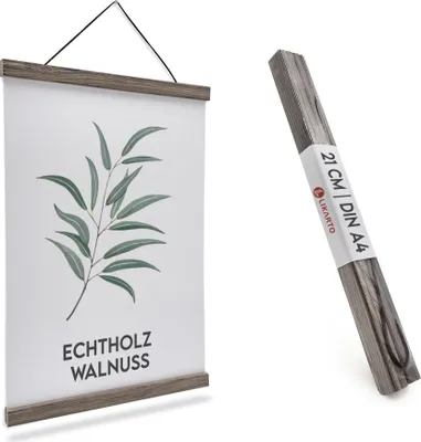 Produktbild von LIKARTO Premium-Posterleiste Holz Walnuss A4 | 21 cm - Hochwertige magnetische Bilderleiste aus Echtholz inkl. Lederband - Einfaches Bilder aufhängen