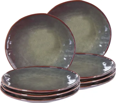 Produktbild von BELIANI Speiseteller Set Dunkelgrün Steinzeug Ton und Kaolin für 8 Personen Rund ⌀ 28 cm mit Braunem Rand Rund Handgefertigt Retro Geschirr Set