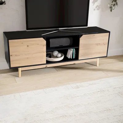 Produktbild von WOHNLING Lowboard Schwarz Eiche-Nachbildung 150x55x40 cm TV-Kommode Modern TV-Schrank Hoch Fernsehtisch Fernsehschrank mit zwei Türen Fernsehkommode