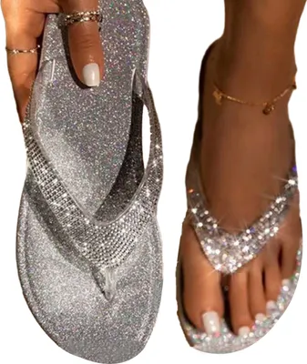 Produktbild von 1 Paar Strass-Hausschuhe mit flachem Absatz, offener Spitze, rutschfestes Tanga-Design, Strass, Alltagskleidung, Sommer, Damen, glitzernde flache Hausschuhe, Strandzubehör