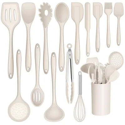 Image de Elzusha - Ensemble de 15 ustensiles de cuisine en silicone avec support - Résistant à la chaleur et antiadhésif