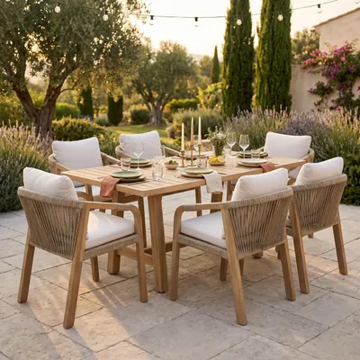 Produktbild von Gartenmöbel Set SANYA aus massivem Akazienholz, Natur - Gartentisch 170 x 90 cm mit 6 Stühlen, Armlehnstühle mit Ropegeflecht inkl. Kissen, Outdoor Essgruppe für Garten, Terrasse und Balkon