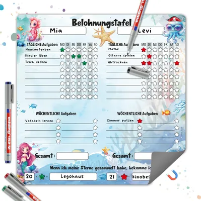 Produktbild von Magnetische Belohnungstafel Kinder – Meerjungfrau Design, Routineplaner für 2 Kinder, mit täglichen & wöchentlichen Aufgabe | Inkl. 4 abwischbare Stifte | 30 x 30 cm