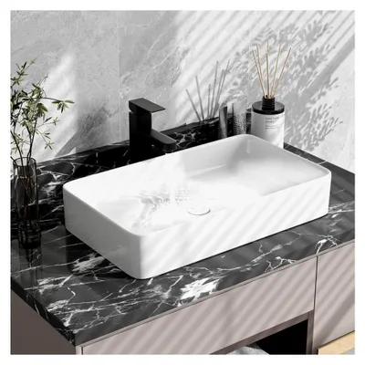 Produktbild von Rechteckiges Keramik Waschbecken, Aufsatzwaschbecken mit Ablauf, Handwaschbecken für Badezimmer und Hotel, 60 x 35 x 11 cm, Weiß