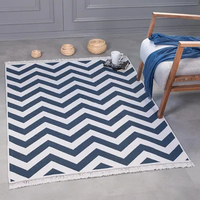 Image de Tapis ras ras - tapis boho kilim, tapis de salon, tapis de chambre et de cuisine, tapis d'entrée, 160 x 230 cm, Zigzag-Bleu-Blanc