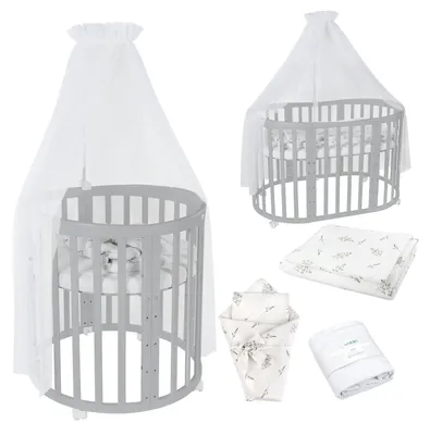 Produktbild von Waldin Babybett OWAL Kinderbett 7in1 mit Matratze, mitwachsendes Kinder-Bett,Stoffe Weiß Zweige,Holz grau
