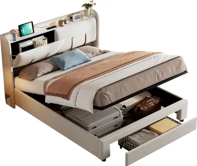 Immagine prodotto di Letto contenitore Moonbite, dimensioni 160x200 cm, rivestito in velluto bianco, con illuminazione LED, porte USB e USB-C, sistema di sollevamento idraulico per lo spazio contenitore e cassetto laterale, capacità di carico fino a 300 kg