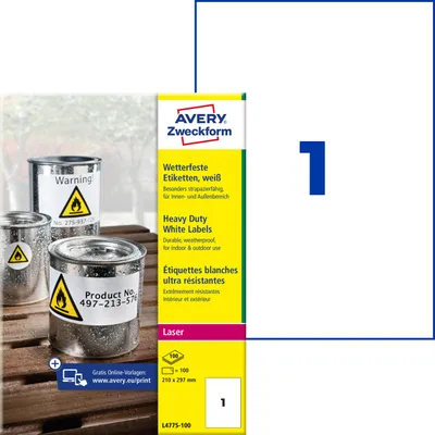 Produktbild von Avery Zweckform L4775-100, Wetterfeste Folien-Etiketten, A4, 210 x 297 mm, 100 Etiketten / 100 Bögen, weiß