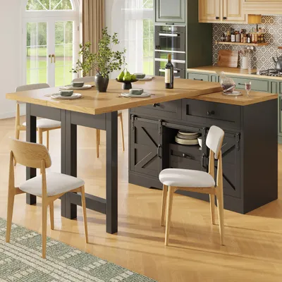 Obrázok produktu pre Výsuvný jedálenský stôl s úložným priestorom, skrytými zásuvkami, otočnými panelmi o 360°, barový stôl, kuchynský stôl, rozmer 120-197 x 40 x 72 cm, čierna farba