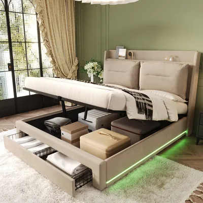 A bedroom scene with a bed featuring storage compartments and LED lighting.