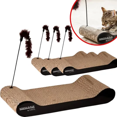 Produktbild von Starlyf Cat Scratch N Play - Kratzpappe Katze, Kratzmatte aus Pappe, umweltfreundlich, langlebig, mit Feder, Kratzbrett mit Katzenminze, Katzenspielzeug mit Glocke, 4er Pack
