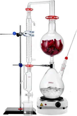 Obrázek produktu pro Sada pro destilaci éterických olejů, destilační přístroj o objemu 2000 ml, destilační sada z borosilikátového laboratorního skla o objemu 3,3 l s topnou deskou o výkonu 1000 W a 24, 40 spojkami, sada 28 ks