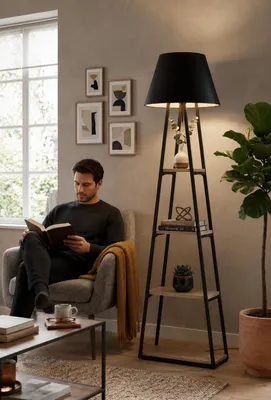 Image de Lampe sur pied, style industriel, étagère en bois, couleur noire