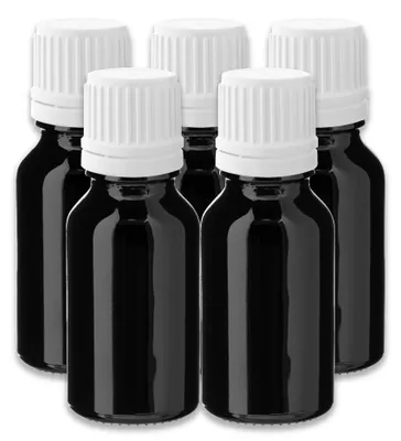 Produktbild von 5x Schwarze Glasflasche 15 ml mit weißem Pinsel – Tropfflasche