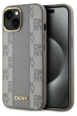 Imagen del producto de Funda DKNY de cuero con estampado monocromático a cuadros, compatible con MagSafe para iPhone 15 Plus, color beige