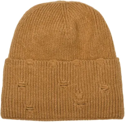 Produktbild von styleBREAKER Uni Beanie Strickmütze Destroyed Rippen, Camel