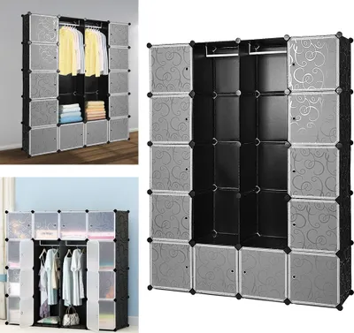 Produktbild von TolleTour DIY Regalsystem Kleiderschrank 20 Boxen Kunststoff Kleiderschrank Garderobenschrank 180x142x37cm Schwarz Mit Tür