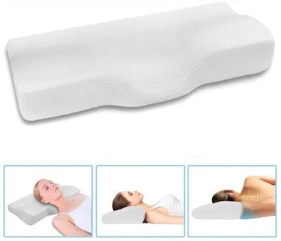 A collage of images showing an ergonomic pillow and people using it.