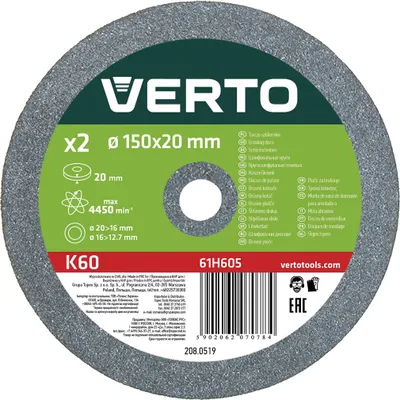 Produktbild von VERTO Scheibe für Bankschleifer K60 150 x 20 mm / 20 mm - 2 Stück Set | zum Schleifen von Metallteilen, Schärfen von Messern und für alle Arten von Schleifarbeiten.