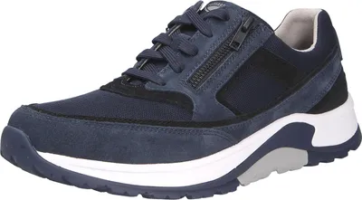 A single blue men's shoe is shown against a white background.