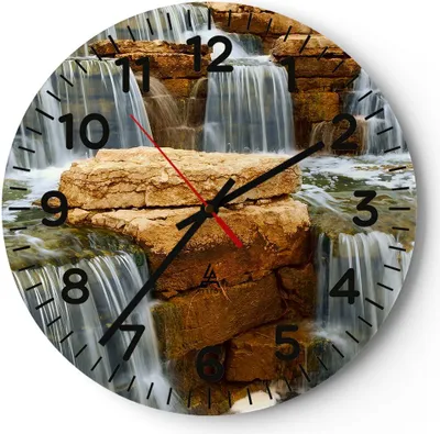 Produktbild von Wanduhr - Rund - Glasuhr - Wasserfall Steine Wasser - 30x30cm - Schleichendes Uhrwerk - Lautlos - zum Aufhängen bereit - Dekoration Modern - Wanddekoration aus Glas - C4AR30x30-0122