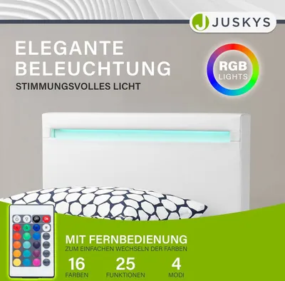 Produktbild von Juskys Polsterbett Verona 90 x 200 cm mit LED, Lattenrost & Kunstleder Weiß