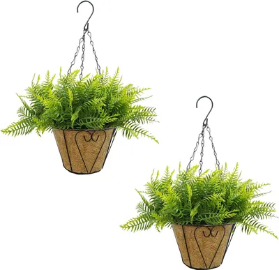 Produktbild von Künstlicher Farn - Hängende Pflanze 2er-Set - Mit Korb - Für Außenbereich - PVC - UV-beständig - Für Balkon/Veranda