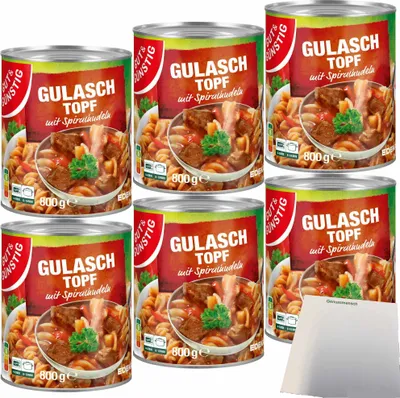 Produktbild von Gut & Günstig Gulaschtopf mit Spiralnudeln und würzigem Schweinefleisch 6er Pack (6x800g Dose) + usy Block
