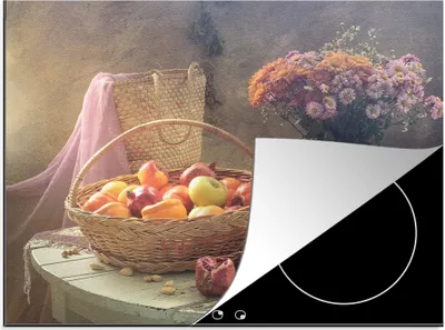 Produktbild von KitchenYeah© Herdabdeckplatte Stillleben - Malerei - Blumen - Obst - Äpfel - Trauben - Kunst , 75x52cm, Küche Deko, Glaskeramikkochfeld Herdabdeckung, Abdeckplatte fùr Kochfeld